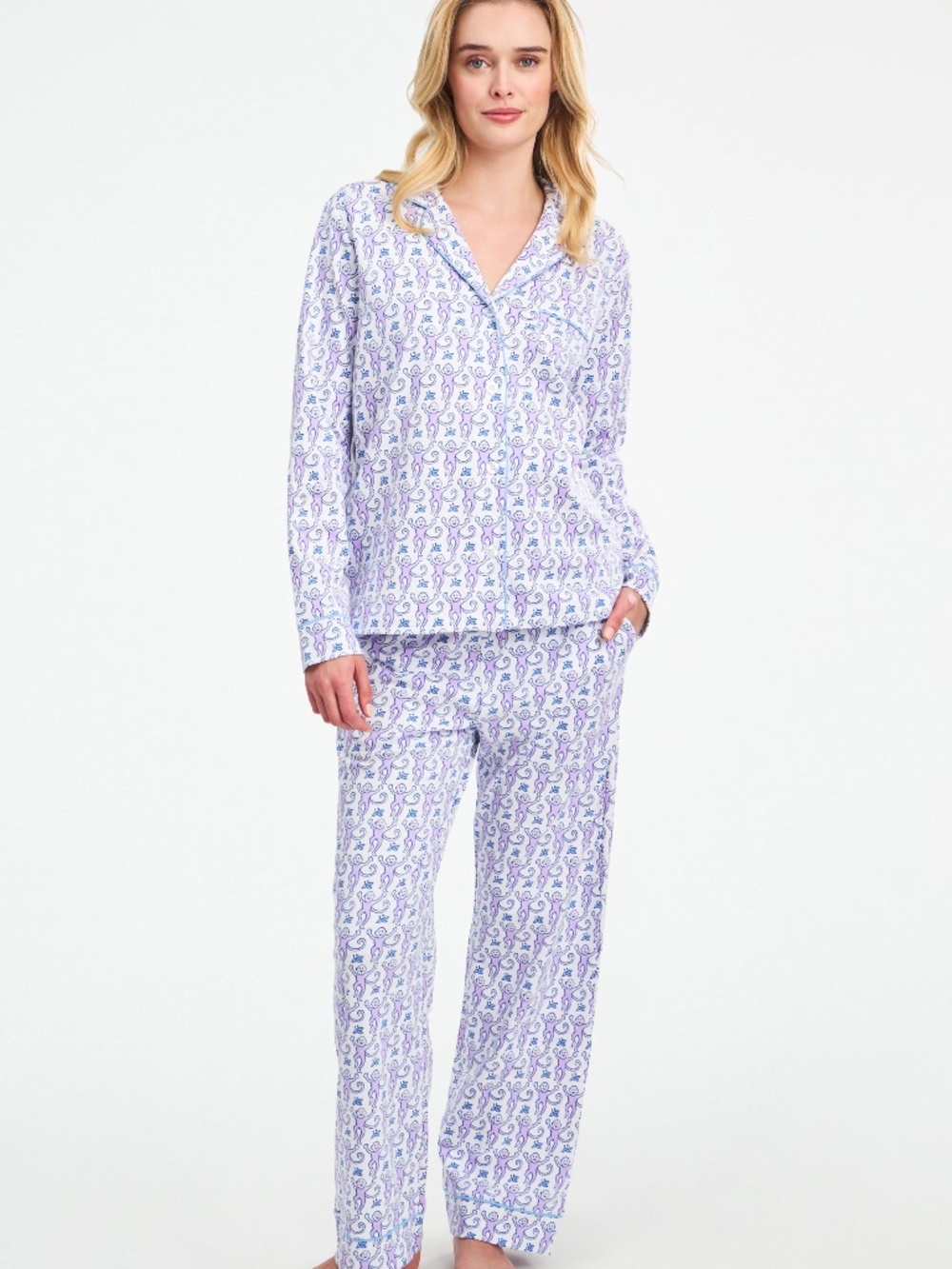 Roller Rabbit Monkey Long Sleeve Polo Pajamas Size LLAVENDER / L